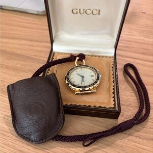 Gucci Gold and Black Pendant Watch with Leather Case